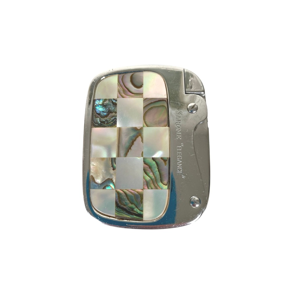 Vintage Sarome Elegance Mother Of Pearl Abalone Check‎ Silver Pocket Lighter
